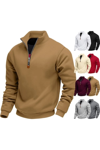 Edwardest Amerikan Tarzı Artı Kadife Sıcak Erkek Dik Yaka Uzun Kollu Yarım Fermuarlı Spor Gündelik Sweatshirt Kirli Beyaz