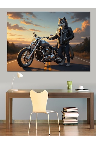 Ahşap Tablo Motosikletli Kurt Adam Karakter Tasarımı