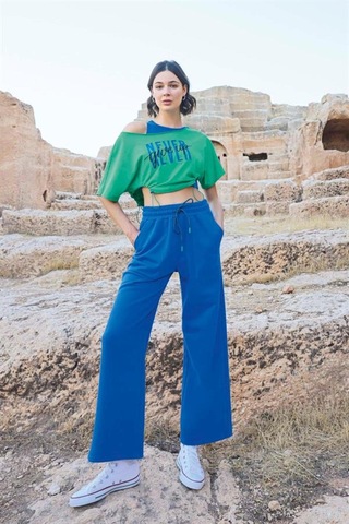 Lisinya Kısa Kollu Never Give Up 3 Lü Crop Eşofman Takımı Mavi