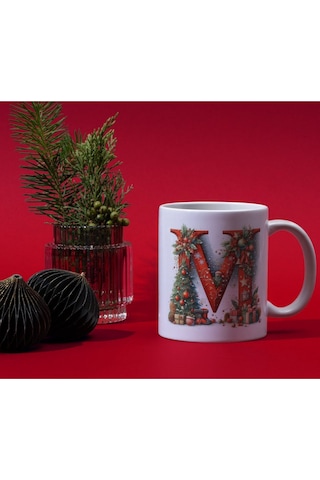 Yılbaşı Temalı M Harfli Kupa Bardak Yeni Yıl Konseptli Kişiye Özel İsme Özel Kupa Beyaz