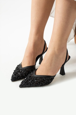 Duxal Shoes Alberta Tüylü Boncuklu Detaylı Arkası Açık Topuklu Ayakkabı Siyah