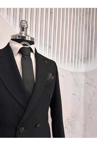 Dupont Classics Dupont Erkek Slim Fit 6 Drop Kruvaze Sivri Yaka Çift Yırtmaç Takım Elbise Siyah