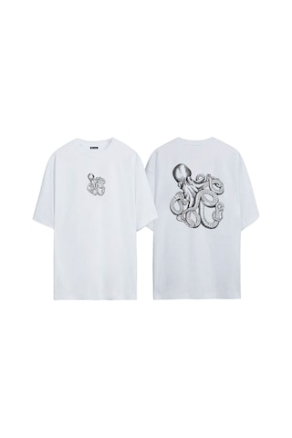 Thewert Unisex Ahtapot Hat Sanatı Çizimi Ön Arka Baskılı Beyaz Oversize T-shirt