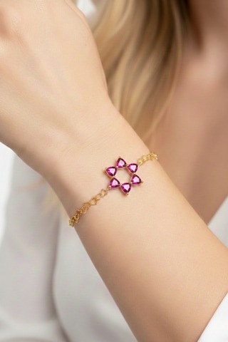 Aşkın Fısıltısı Ruby Taşlı Bileklik 925 Ayar Gümüş Kalp Zincir 20 Cm Gold