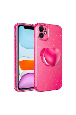 Apple Uyumlu iPhone 11 Kılıf Kamera Korumalı Simli Pop Soketli Lüks Zore Koton Soketli Kapak Pembe Koyu