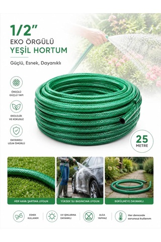 1/2 25 Metre Örgülü Bahçe Hortumu Balkon Bahçe Sulama Temizlik Araç Yıkama Su Hortumu Dolanmaz Kırılmaz Yeşil