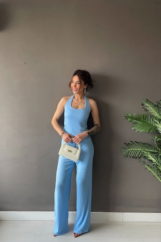 Vadon 1010 Kadın Bürümcük Dokulu Halter Yaka Crop Atlet Bol Paça Pantolon Takım Bebe Mavi