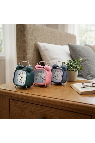Çift Zilli Metal Kasalı Işıklı Pilli Masa Çalar Saat 8.8 Cm Sarı