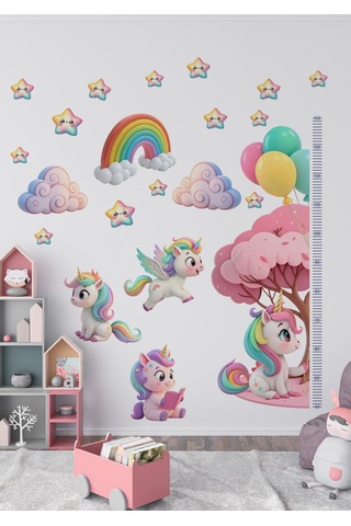Unicorn Temalı Boy Ölçerli Duvar Sticker Seti - Çocuk Odası Duvar Dekoru, Mat Pvc, Sökülebilir, Boy Ölçer Sku: Smgstk8577edce94