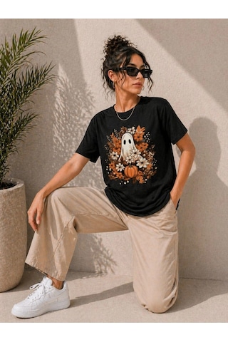 Wear Vexel Kadın Balkabağı Hayalet Baskılı Tişört Kısa Kol Yazlık T-shirt - Siyah Siyah