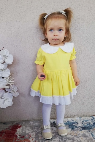 Dantel Detaylı Bebe Yaka Sarı Kız Çocuk Bebek Elbise 001