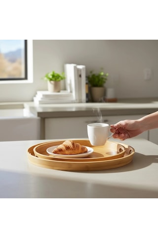 Mybru Yuvarlak Bambu Tepsi 2'li Set Ahşap