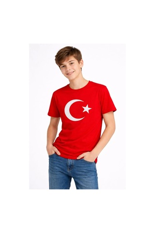 Wear Vexel Erkek Çocuk Tişört Bisiklet Yaka Ay Yıldız Bayrak Baskılı T-shirt - Kırmızı Çok Renkli