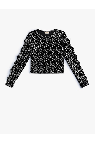Koton Crop Bluz Uzun Kollu Pencere Detaylı Yuvarlak Yaka Siyah Desenli 5wkg60035ak Siyah