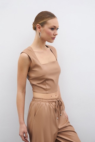 Sateen Kare Yaka Deri Crop - Bej-135671 Bej