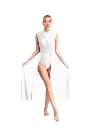 Beyaz Kadın Çağdaş Lirik Dans Elbise Bale Jimnastik Leotard Kolsuz Şifon Dökümlü Elbise Sahne Performansı Giyim Beyaz