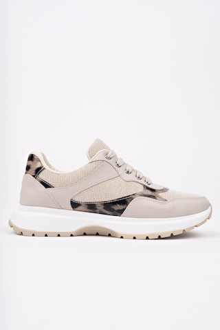 Muggo Melody Kadın Kalın Taban Günlük Leopar Desenli Bağcıklı Sneaker Spor Ayakkabı Ten