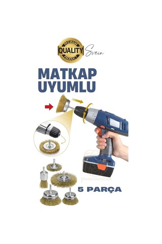 Dayanıklı Çanak Saçaklı Tel Fırça Seti 5 Parça Sarı Telli Dairesel Matkap Uyumlu Pas Kir Temizleyici