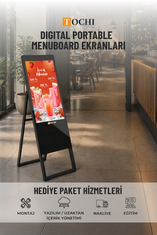 Taşınabilir Digital Menü Board Ekran 32 Yüksek Parlaklık Full HD Portatif Reklam & Vitrin Ekranı