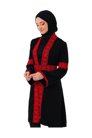 Zaytoon Filistin Kırmızı Nakışlı Siyah Filistin Kısa Kaban Abaya C100053 Kırmızı-siyah