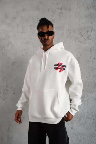 Veraura Lifestyle Erkek Şapkalı Güvercin Baskılı Kapşonlu Sweat - Beyaz S