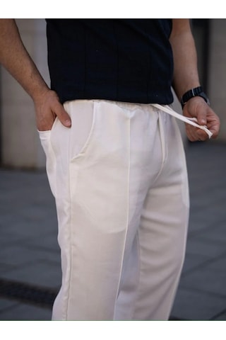 Erkek Keten Cepli Çıma Dikişli Jogger Buggy Pantalon Rahat Kalıp - Beyaz Beyaz