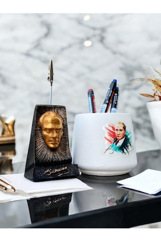 Atatürk Büstü Fotoğraf Not Tutacağı Ve Atatürk Baskılı Kalemlik Seti Hediyelik Renkli