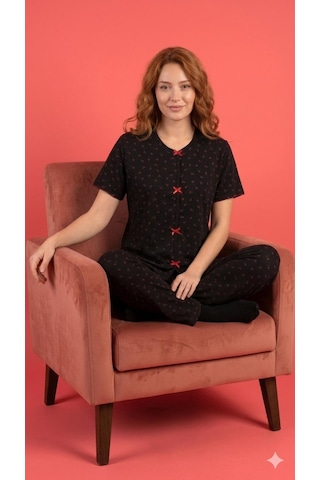 Sleeproom Yazlık Siyah Kiraz Desenli Kısa Kol Penye %100 Pamuk Pijama Takım