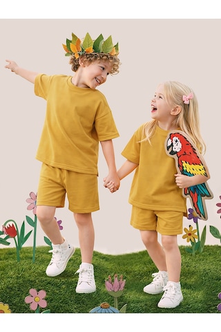 Mshb&g Hardal Oversize T-shirt Şort Takım Çocuk Unisex %100 Pamuk Çok Renkli
