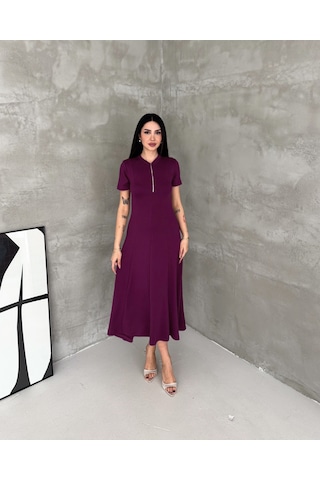 Kadın Fermuar Detaylı Maxi Uzun Modal Elbise Bordo