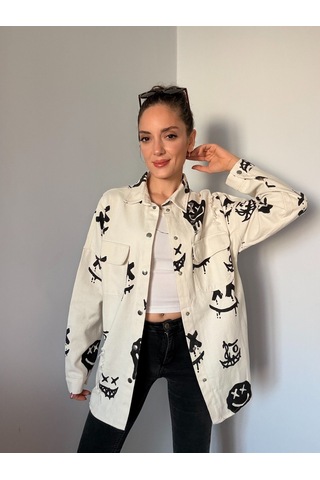 Ekru Smile Baskılı Lazer Detaylı Ceket Ekru