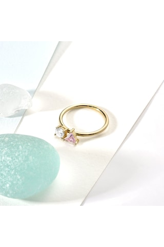 14 Ayar Altın Kaplama Yuvarlak Ve Damla Renkli Taşlı Yüzük - Rs00112 Altın