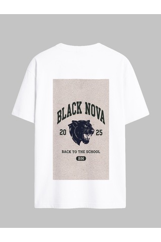 Black Nova Oversize Baskılı Unisex Tişört Panther Club Beyaz