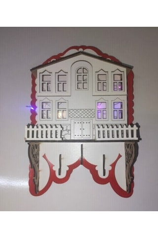 Işıklı Dekoratif Ahşap Ev Model Duvar Anahtarlık Askılık Beyaz - Kırmızı