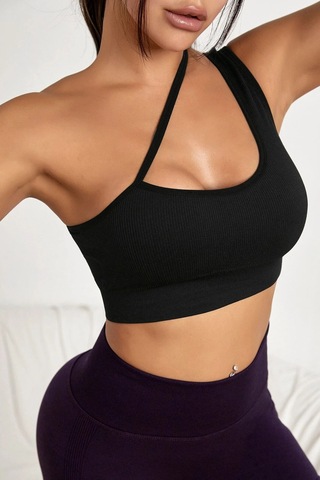 Moda Dua Kadın Siyah Tek Omuzlu Çapraz Askılı Crop Top Büstiyer