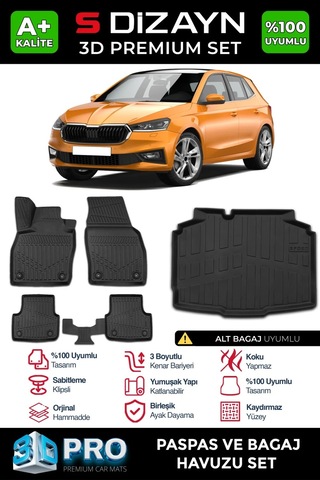 S-dizayn Skoda Fabia 4 3d Pro Havuzlu Paspas Ve Alt Bagaj Havuzu Seti 2'li Set 2021 Üzeri A+ Kalit
