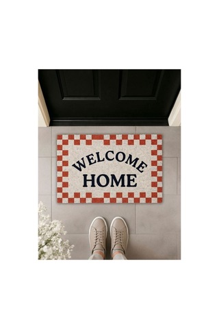 Welcome Home Ekoseli Retro Tasarım Dekoratif Kapı Önü Paspası 40x60 Cm Çok Renkli
