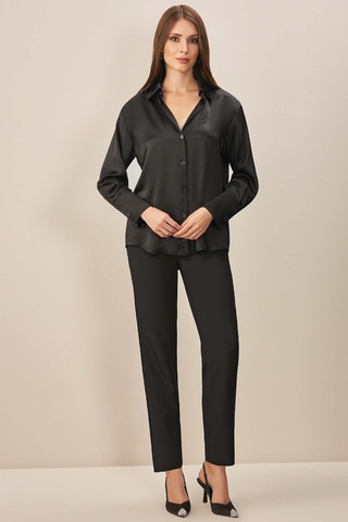 V Yaka Siyah Desenli Gömlek Siyah