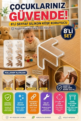 8'li Şeffaf Silikon Masa Köşe Koruyucu Darbe Önleyici Çocuk Güvenlik Koruması Şeffaf Seti