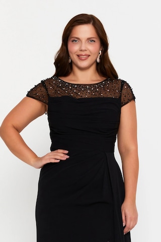 Doridorca Kadın Büyük Beden Taş Süslemeli Derin Yırtmaçlı Maxi Abiye Elbise 7048 Siyah Siyah