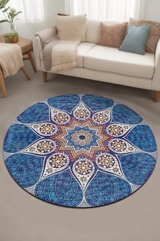 Desenli Şönil Pamuk Tabanlı Yıkanabilir Kaymaz Antibakteriyel Yuvarlak Salon Halısı 160x160 Çok Renkli