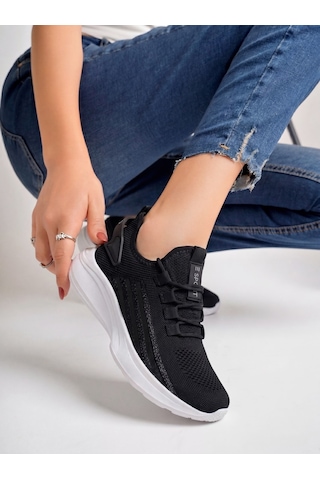 Siyah Beyaz Unisex Yürüyüş Hafif Triko Ayakkabı-015 SİYAH-BEYAZ