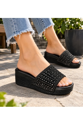 N Napa Shoe Snp-990- Siyah Taş Detaylı Dolgu Topuk Kadın Terlik
