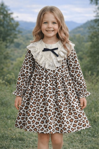 Kız Bebek Çocuk Dantel Detaylı Leopar Desen Astarlı Keten Doğum Günü , Düğün , Bayramlık Elbise Leopar