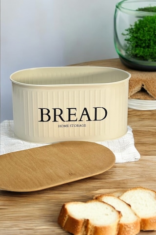 Ahşap Kapaklı Metal Ekmeklik Krem Krem