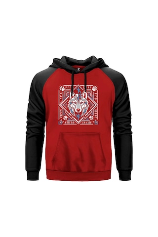 Geometrik Çerçeveli Kurt Başı Baskılı Gri Renk Reglan Kol Sweatshirt Kapşonlu