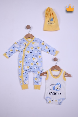Babyhola Bebek Çıtçıtlı Badi Tulum Bere 3'lü Takım %100 Pamuk Annemi Seviyorum Yazılı 587-8 Mavi