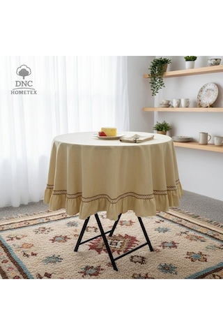 Dnc Home Tekstil Premium Keten Sarı Yuvarlak Fırfırlı Özel Seri Masa Örtüsü Sarı