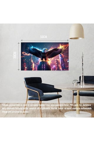 Kartal Fütüristik Bir Şehirde Neon Parıltı Stili 07 Çerçevesiz 50x30 Cm Pvc Tablo