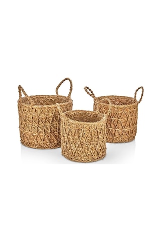 Dekoratif Yuvarlak Çapraz Desenli Sepet Saksılık Sele 3lü Set Cl-9037